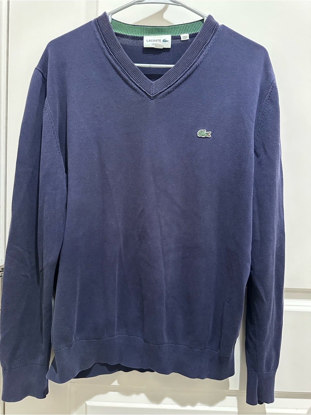 Lacoste Men's Navy V-Neck Cotton Sweater with Green Crocodile Logo